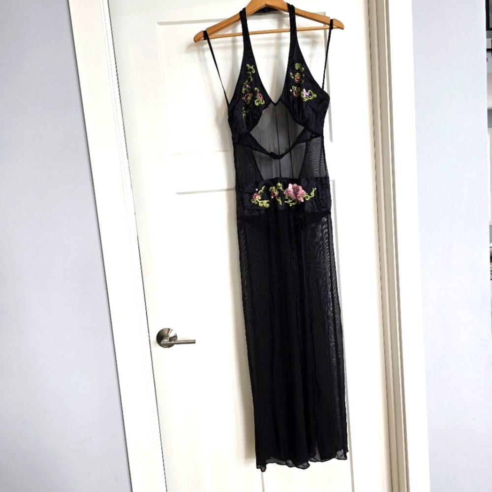 VTG Fredericks of Hollywood Lingerie Womens M Sheer Maxi Dress Black Floral Pink